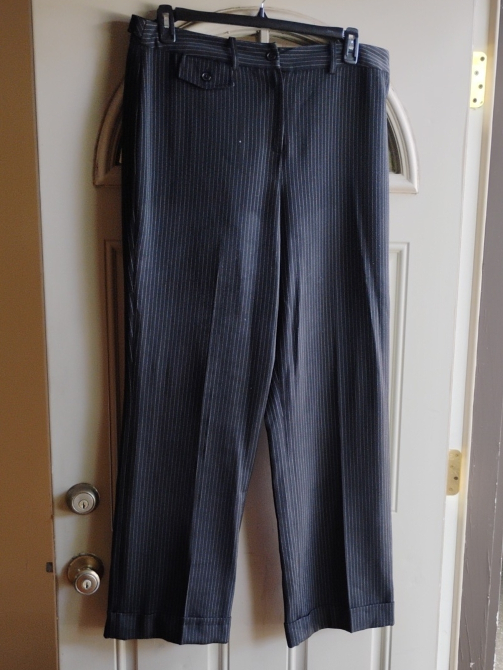 Dress Barn Women's Black Pinstripe Trousers with Subtle White Stripes
